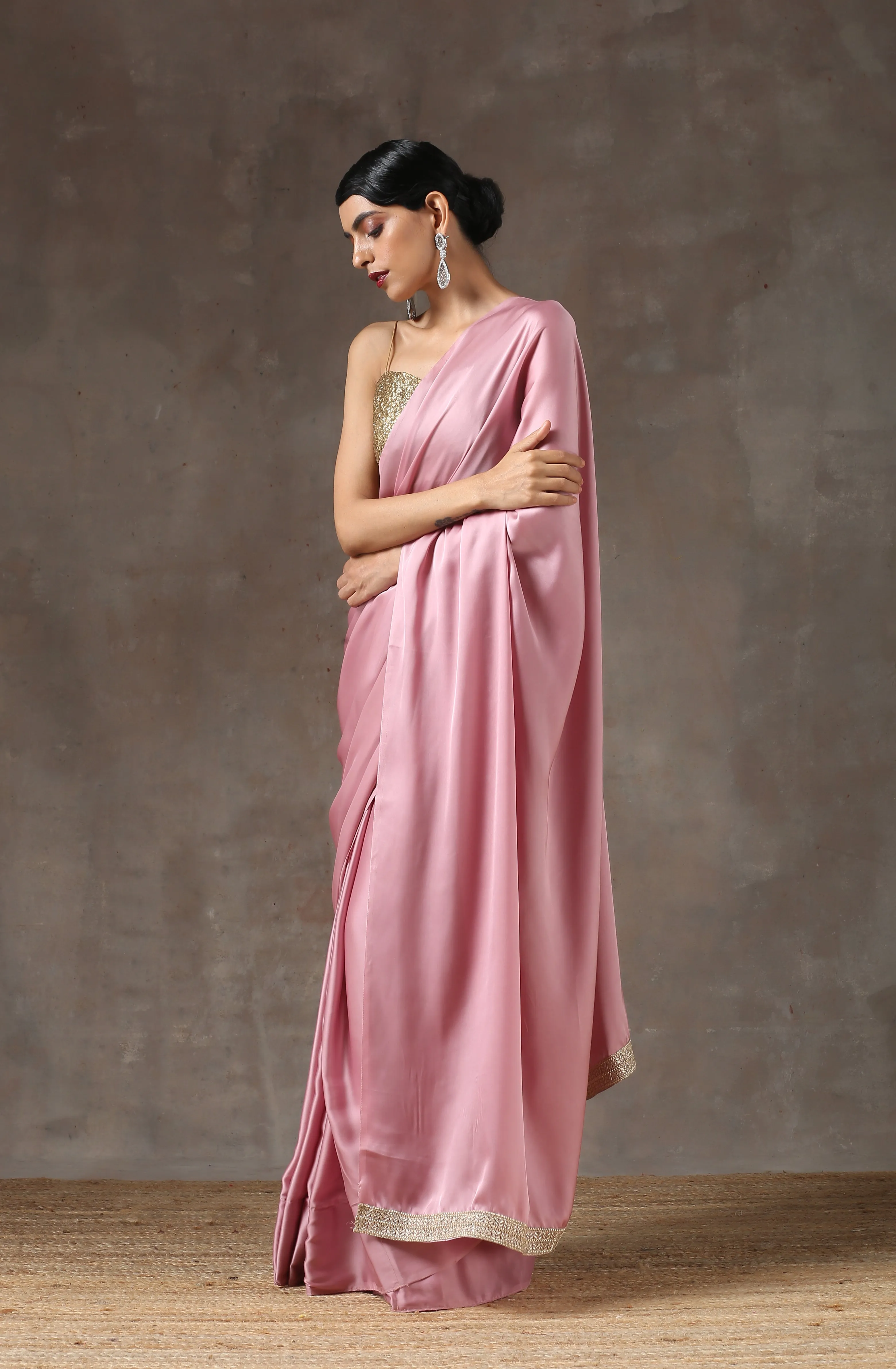 Blush Pink Satin Saree with Handmade Lace