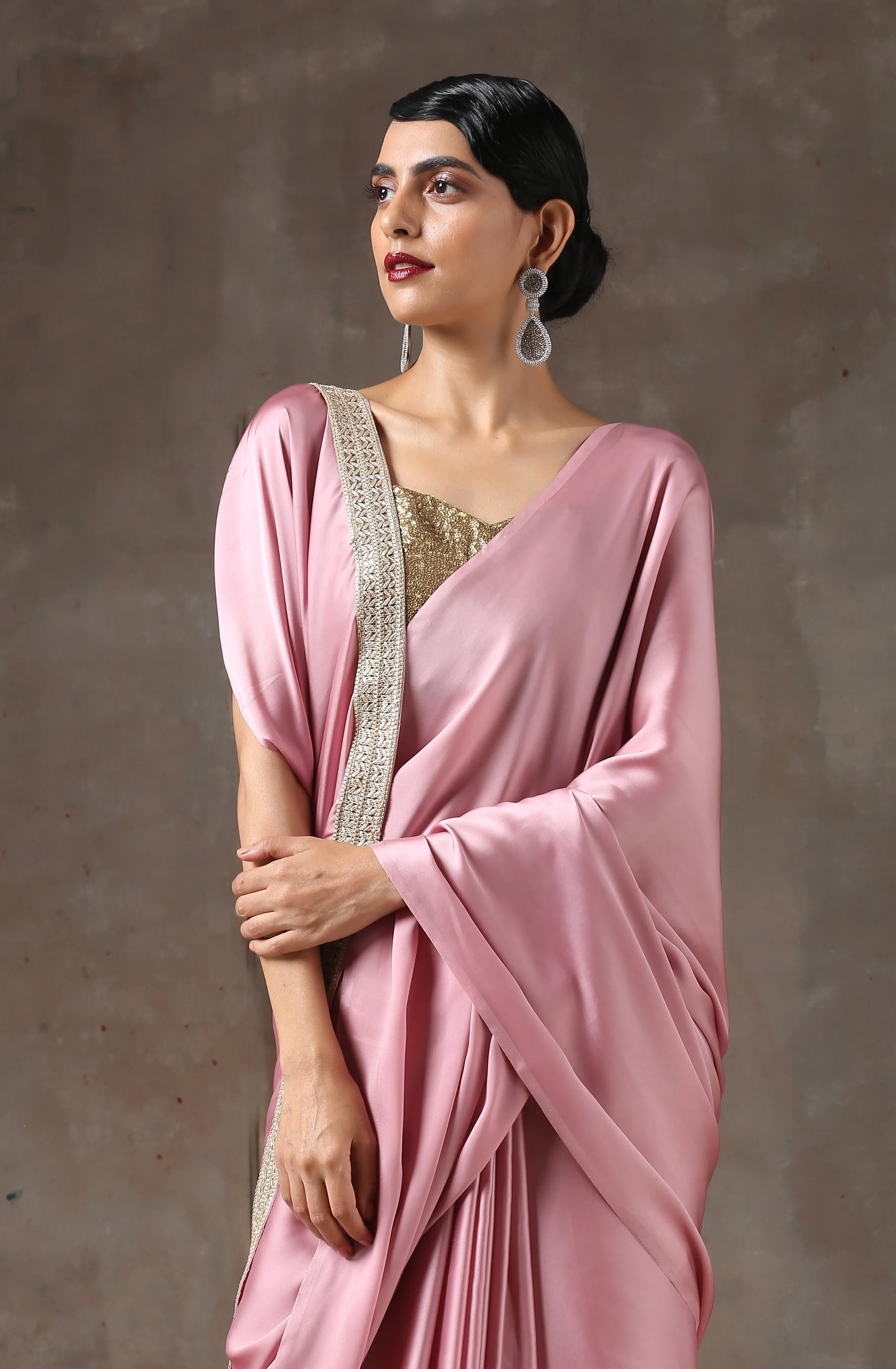 Blush Pink Satin Saree with Handmade Lace