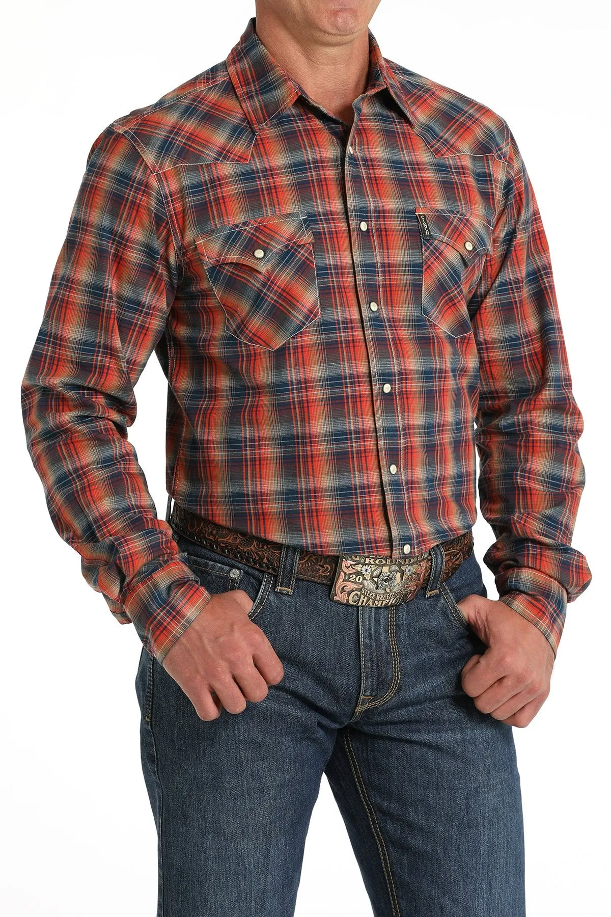 Cinch Men's Modern Fit Plaid Western Snap Shirt in Red