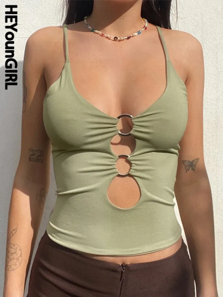 HEYounGIRL Solid Casual Sleeveless Camis Top Women Backless Hollow Out Sexy Crop Tops Tees Fashion Fitness Camisole 2022