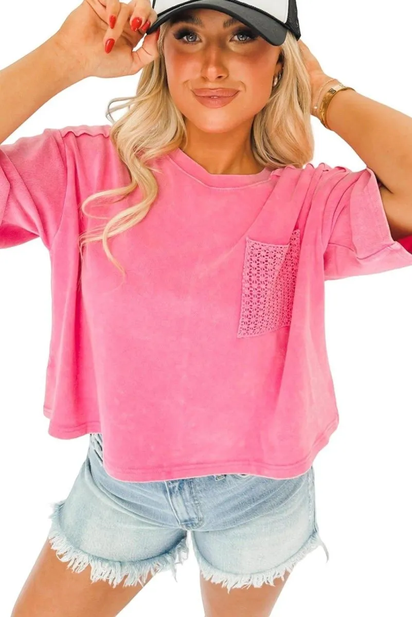 Hot Pink Washed Cropped Short Sleeve Shirt