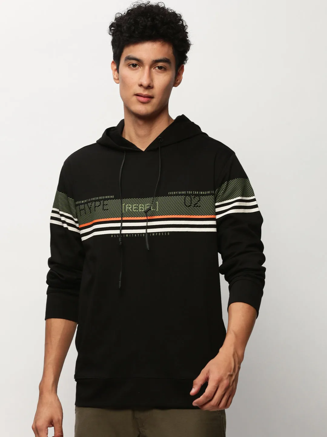 Men Black Striped Hooded Cotton Sweatshirt
