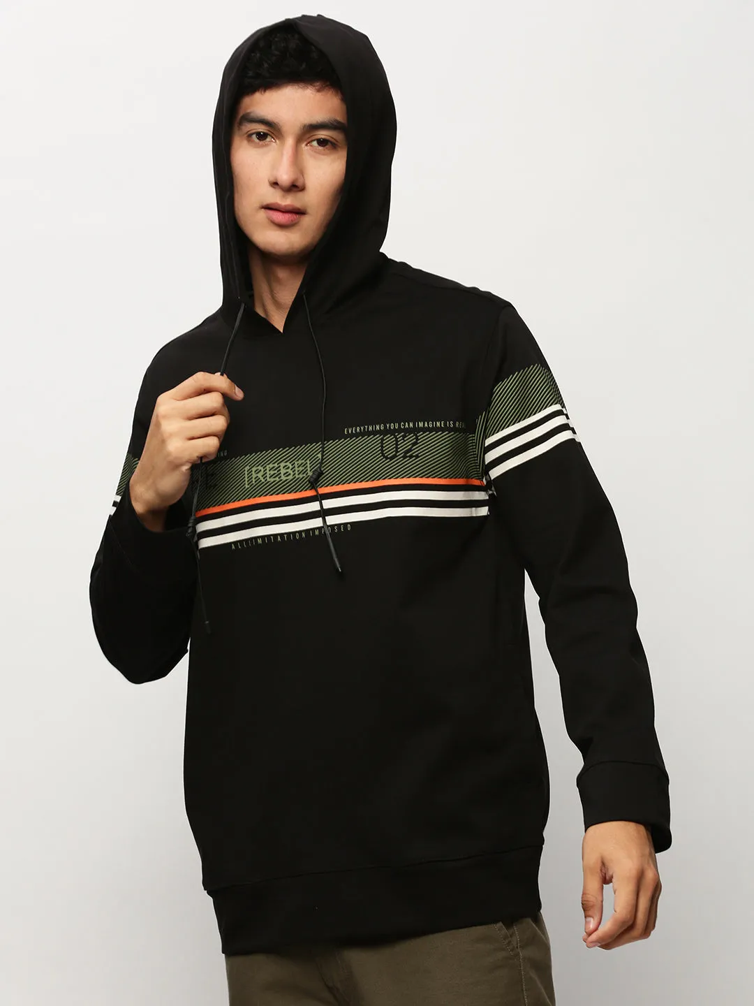 Men Black Striped Hooded Cotton Sweatshirt