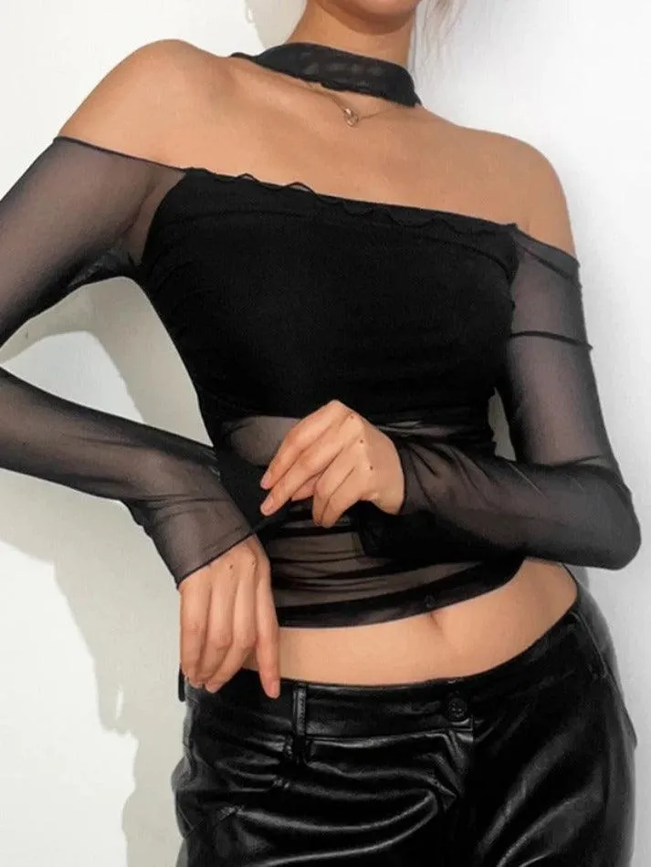 Mesh Halter Long Sleeve Tee