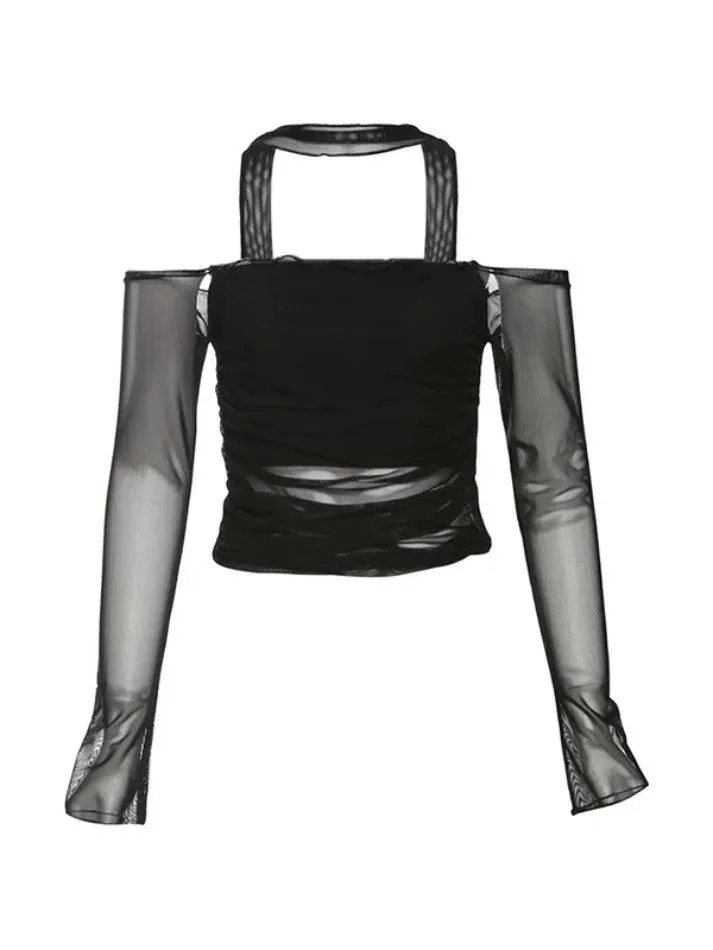 Mesh Halter Long Sleeve Tee