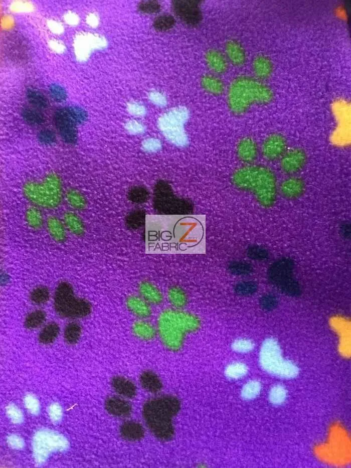 Paw Print Polar Fleece Fabric / Royal/Multi Color / Sold By The Yard
