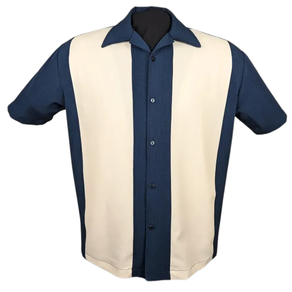 PopCheck Wide Double Panel Button Up in Denim/Cream Bowling Shirt