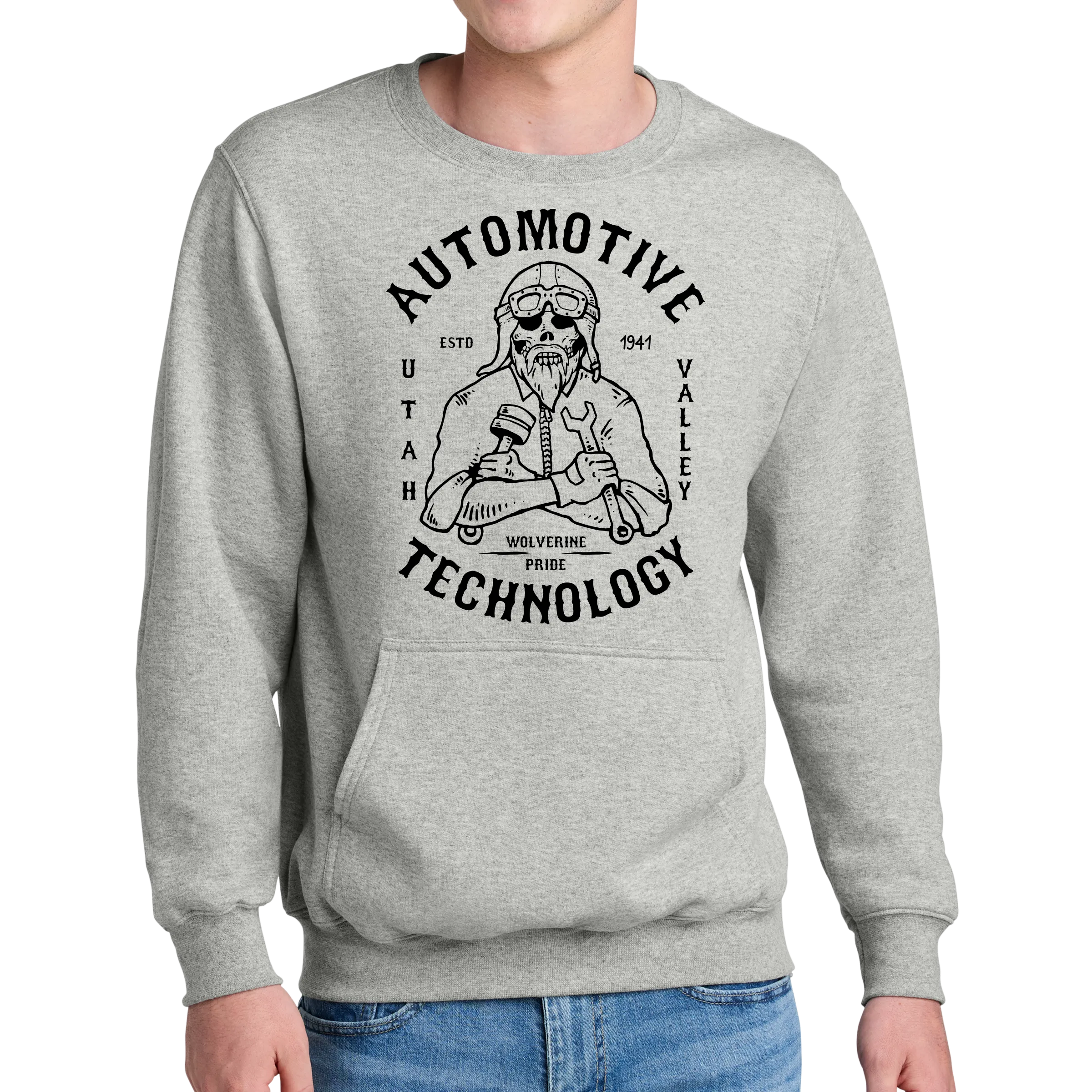 Port & Company® Core Fleece Crewneck Pocket Sweatshirt - Automotive Skull