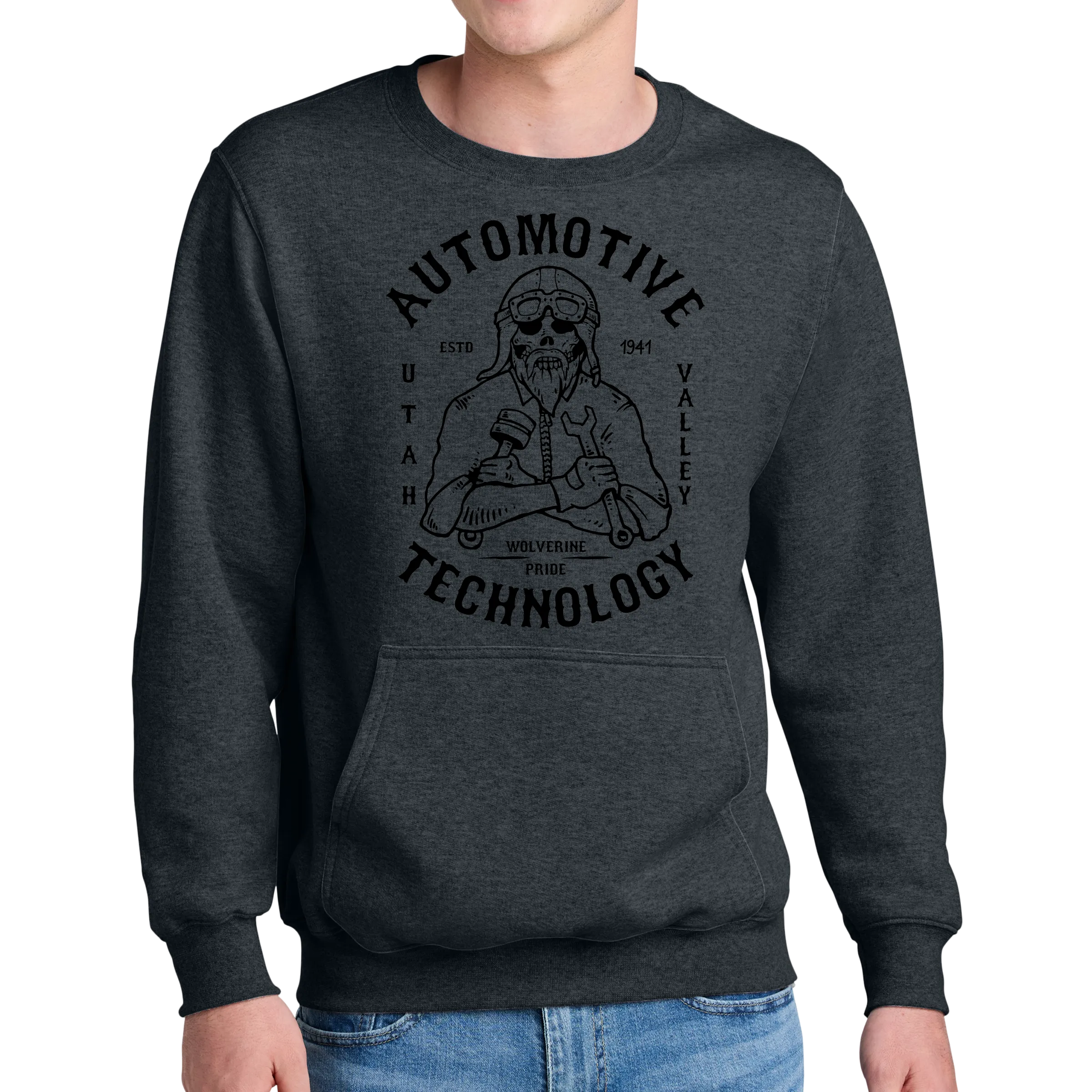 Port & Company® Core Fleece Crewneck Pocket Sweatshirt - Automotive Skull