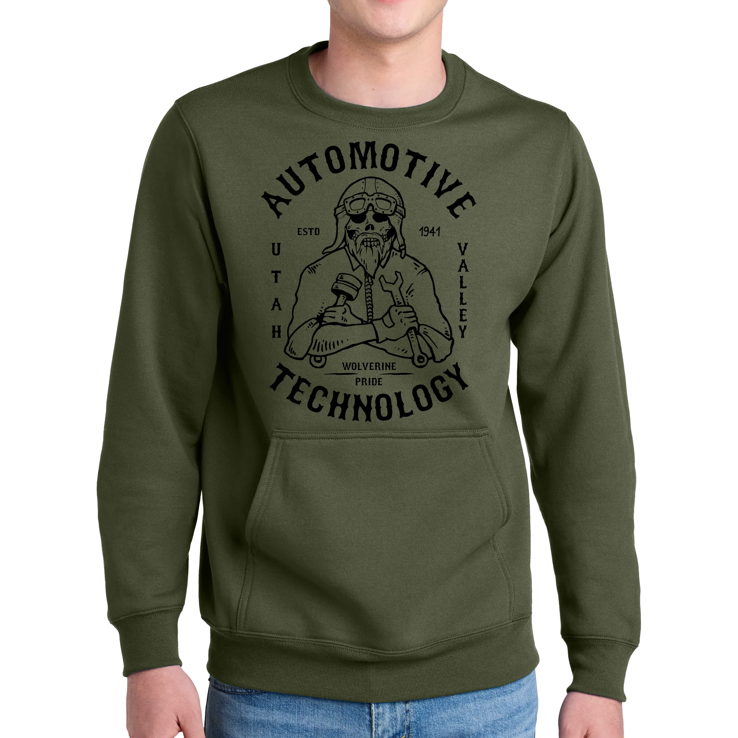 Port & Company® Core Fleece Crewneck Pocket Sweatshirt - Automotive Skull