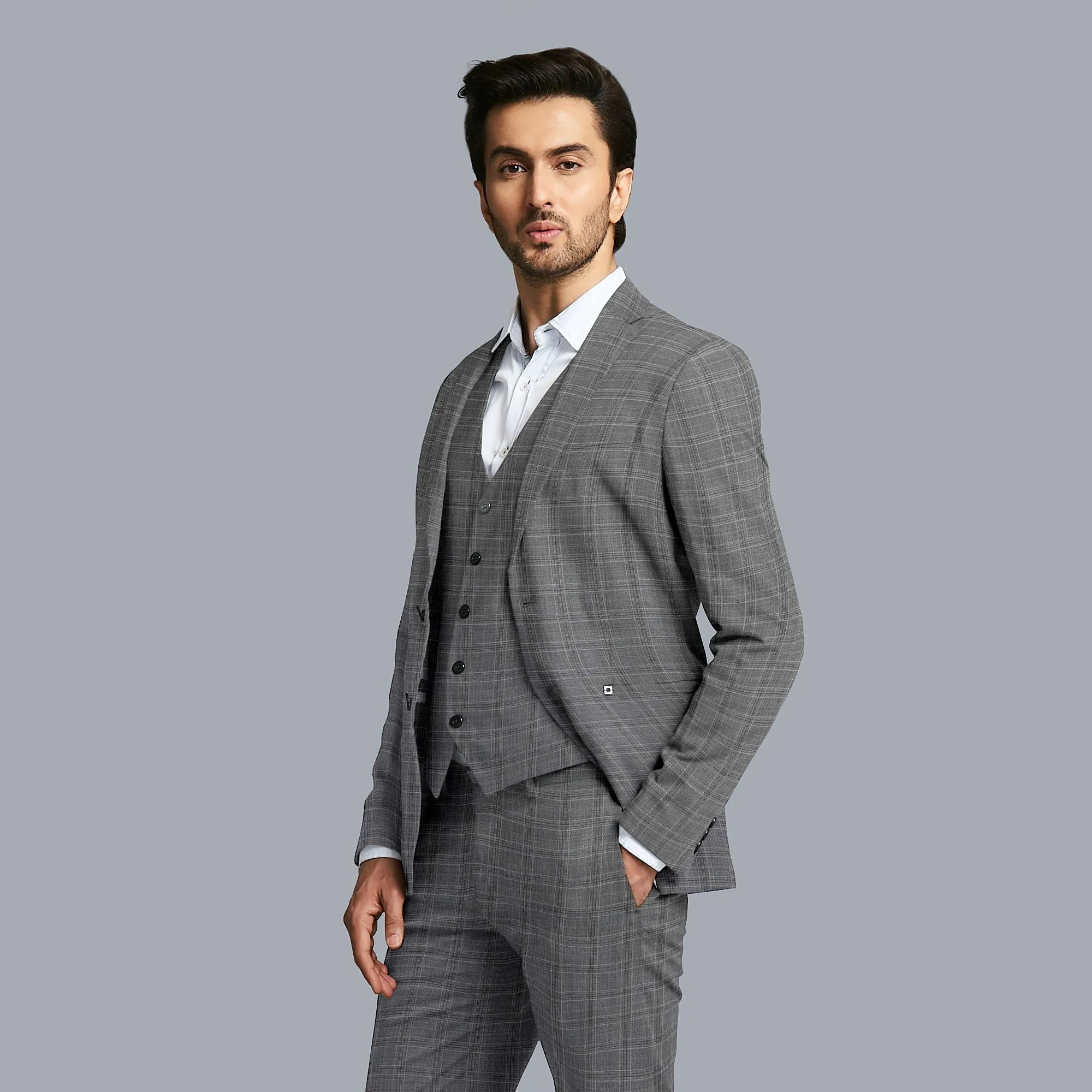 Seal grey Premium Italian wool suiting fabric with light pink checks design-D11445