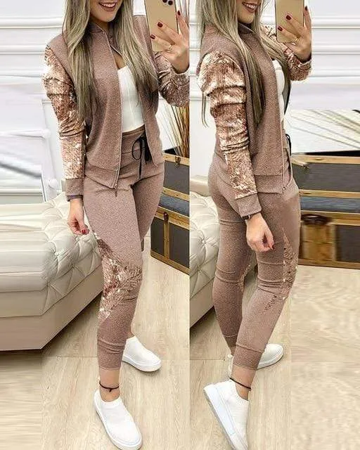 Women Fitness Sport Tracksuit Zipper Top And Pants Outfits