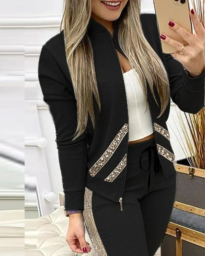 Women Fitness Sport Tracksuit Zipper Top And Pants Outfits