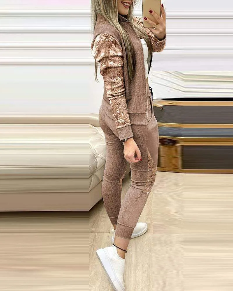 Women Fitness Sport Tracksuit Zipper Top And Pants Outfits