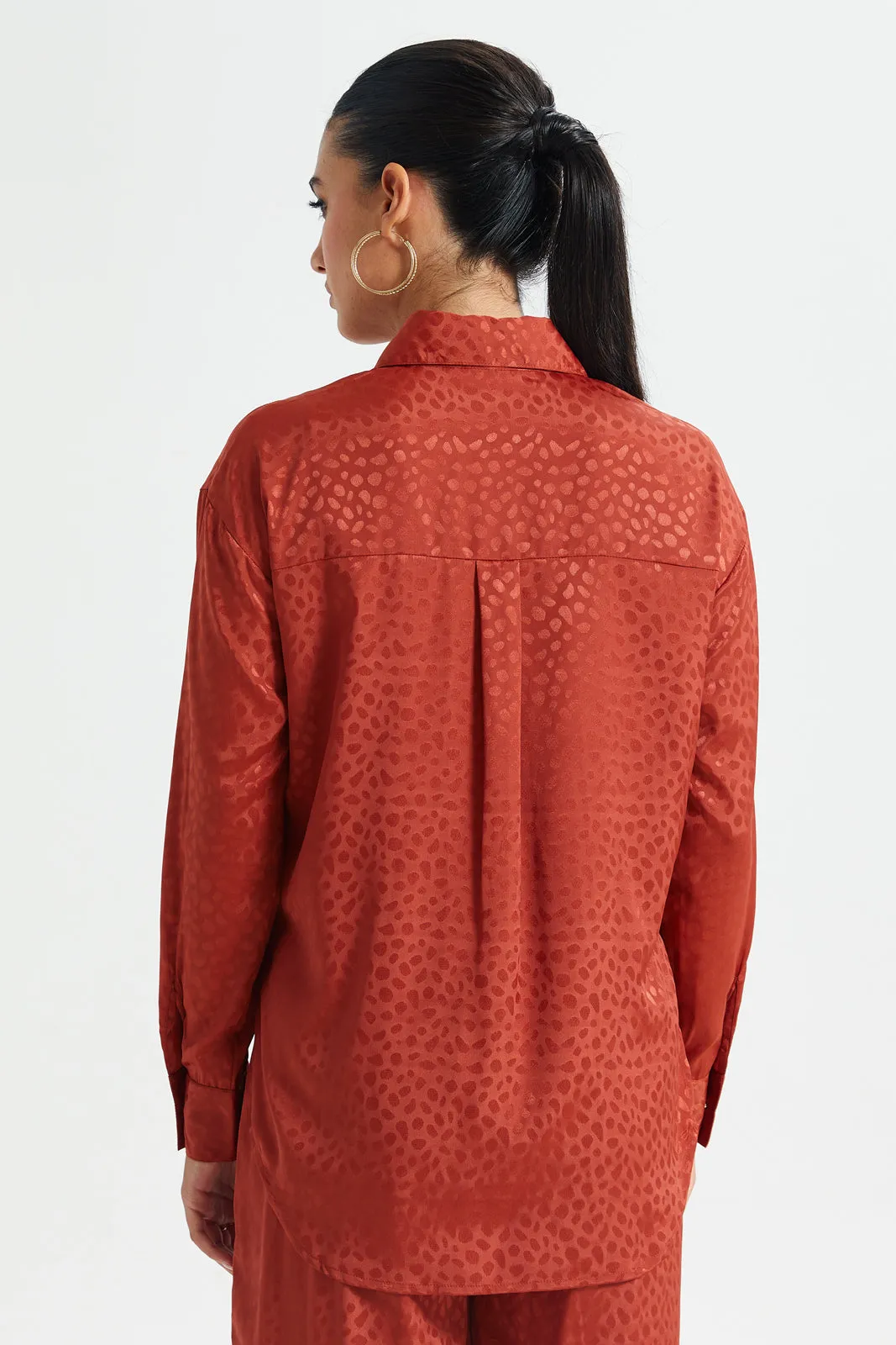 Women Red Jacquard Button Front Blouse