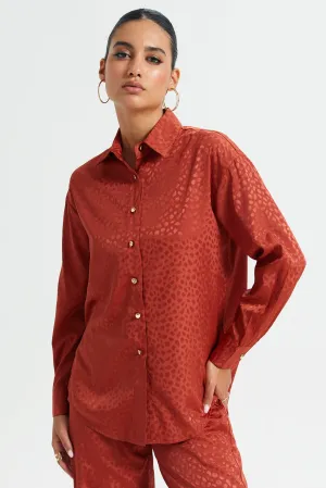 Women Red Jacquard Button Front Blouse