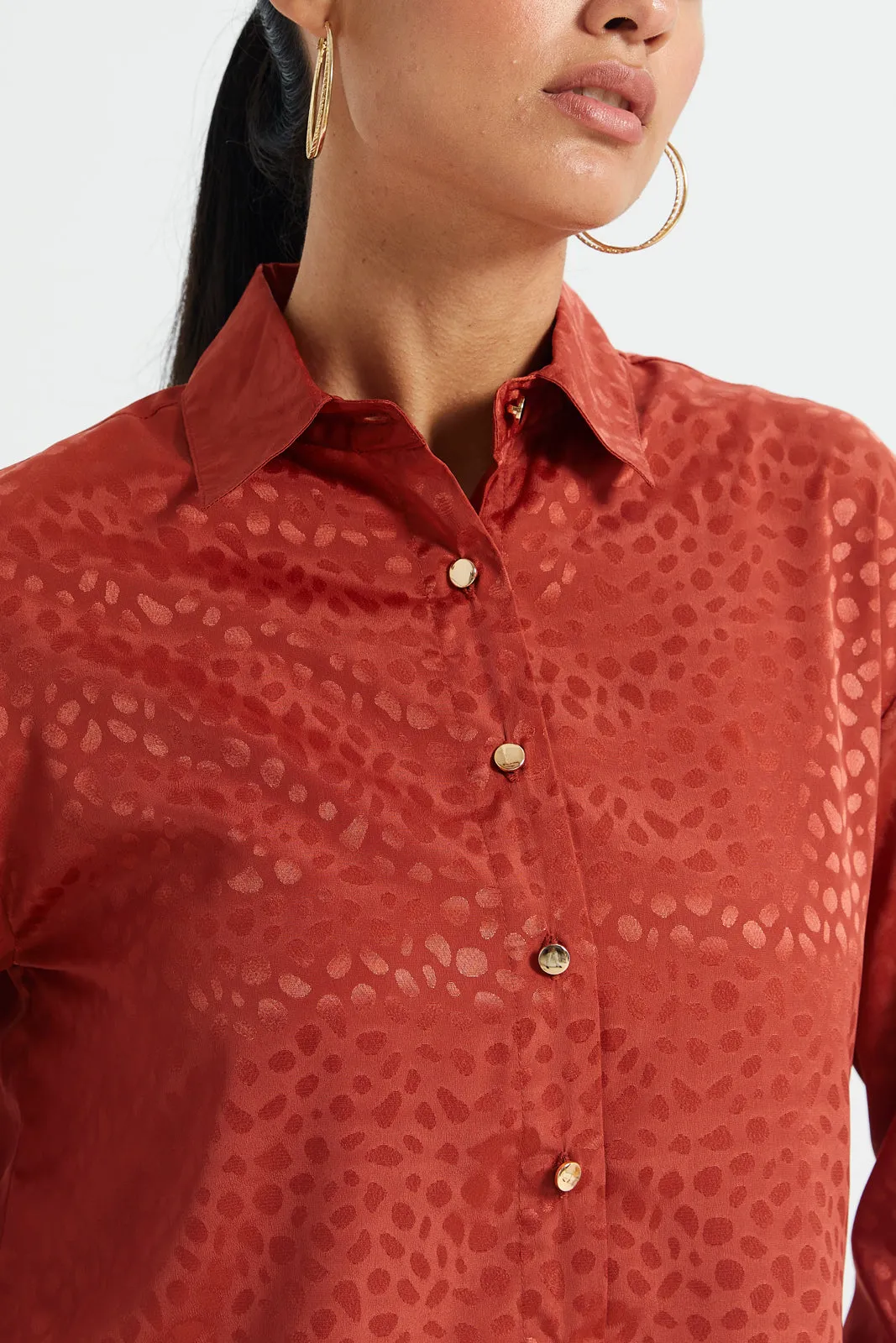 Women Red Jacquard Button Front Blouse