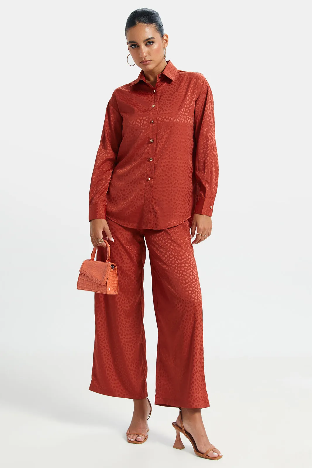 Women Red Jacquard Button Front Blouse